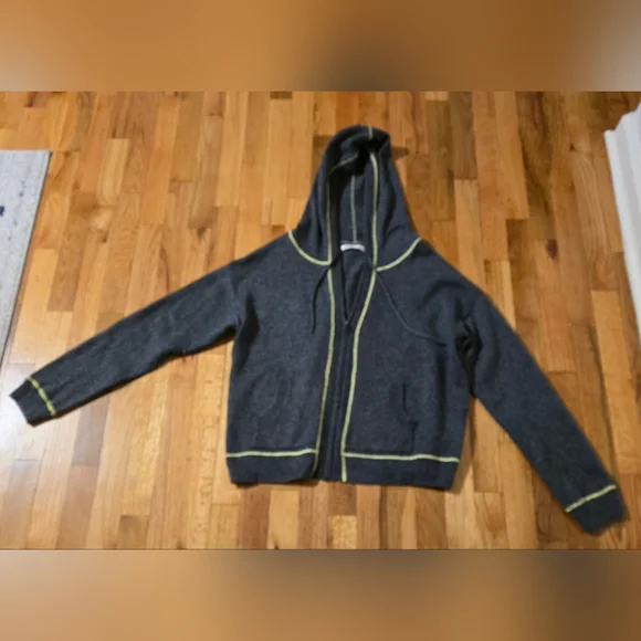 Old Navy Gray Jacket Lime Stitching, Hooded Zippered Sweater Women's Size L - Picture 3 of 14